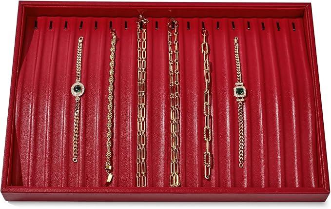 Luxury Leather Jewelry Tray Necklace Display Tray Jewelry Organizer Drawer Necklace Bracelet Holder Organizer Tray Stackable Jewelry Trays Necklace Bracelet Display Storage (Red)