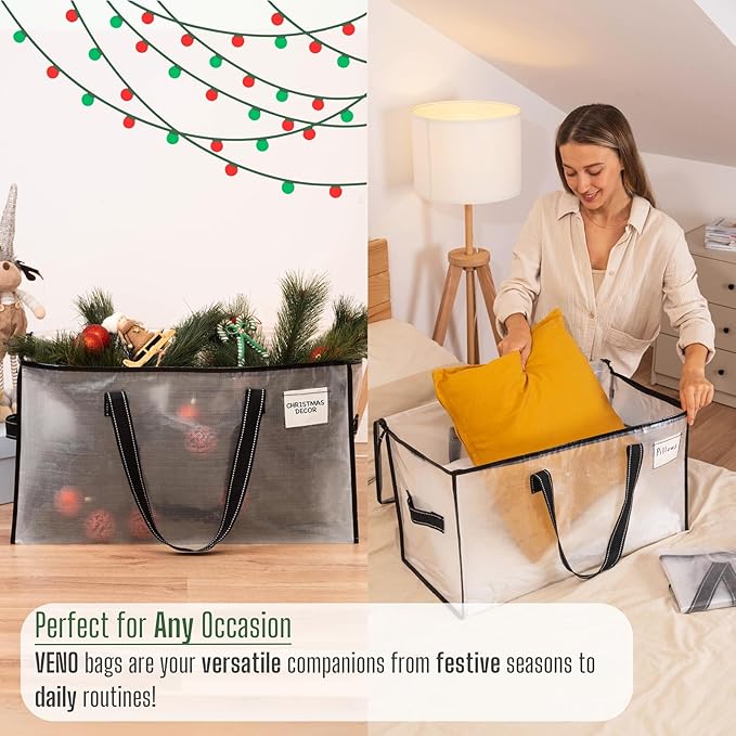 VENO 10 Pack Moving Bags, Christmas Storage Bins, Moving Boxes Alternative, Comforter and Blanket Storage Bags, College Dorm Packing Supplies, Foldable Heavy-Duty Tote (Clear, 10 Pack)