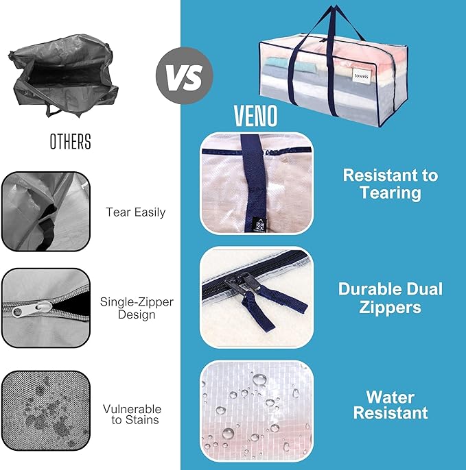 VENO 10 Pack Moving Bags, Christmas Storage Containers, Storage Bins with Lids, Reinforced Wraparound Handles, Packing Bags for Clothes, Bedding, Comforters (Clear, 10 Pack)