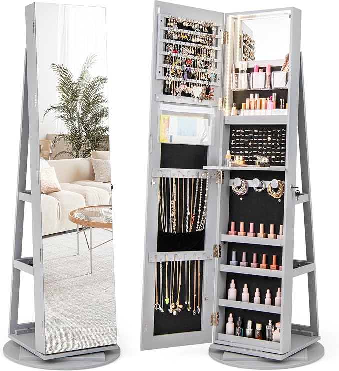 GOFLAME 360° Rotating Jewelry Cabinet with Full-Length Mirror, Freestanding Jewelry Armoire with 3-Color LED Light and Back Storage Shelf, Lockable Jewelry Organizer for Bedroom Cloakroom, Gray