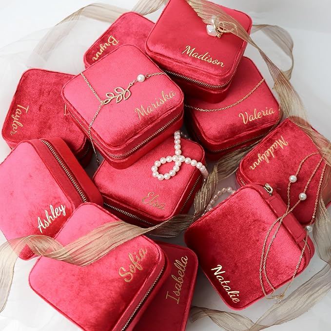 Customizable Compact Velvet Jewelry Box with Mirror, Travel Jewelry Case, Travel Jewelry Organizer, Jewelry Box for Women and Girls, Small Jewelry Organizer (Bottom Right Text, Wine Red)