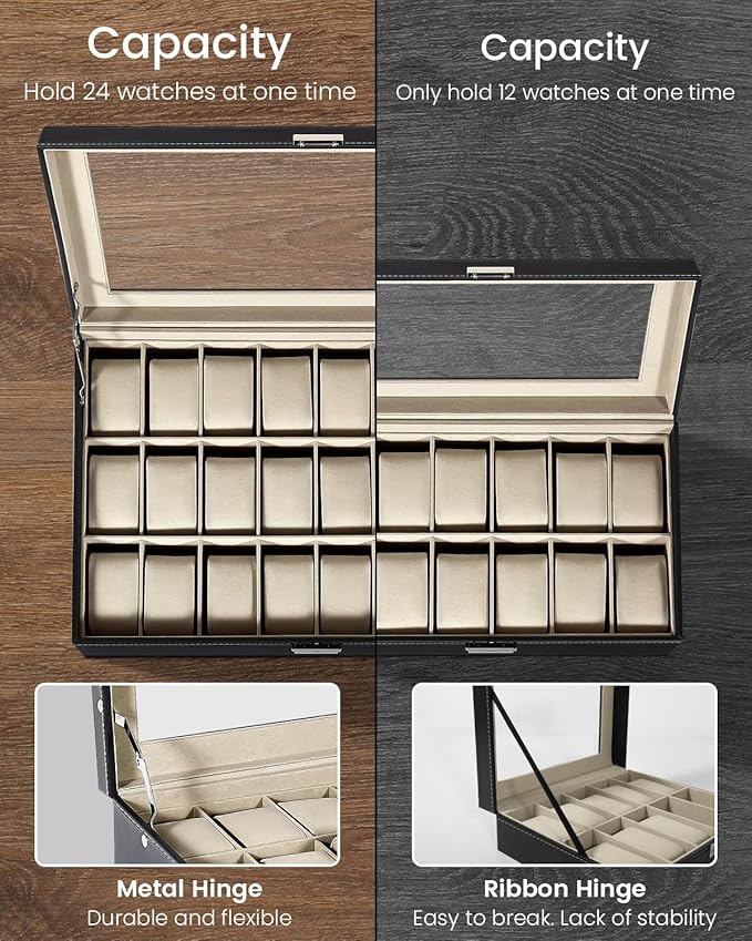 Uten Watch Box, 24 Slots Watch Case, Watch Box Organizer Jewelry Storage with Large Glass Lid, Watch Display Case, Watch Box for Men & Women