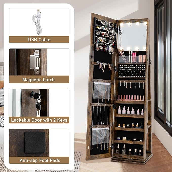 CHARMAID Swivel Jewelry Armoire with Full-Length Mirror & Lighted Makeup Mirror, 360° Rotating Jewelry Cabinet Organizer for Earrings, Rings, Necklaces, Bracelets, Back Storage Shelves (Rustic Brown)