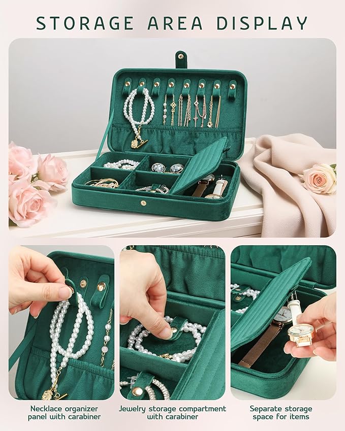 VELORIA Emerald Green Velvet Travel Jewelry Organizer, Necklace Holder Case with 8 Snap Clasps, Elastic Pouch, Ring & Earring Storage, Compact Jewelry Case for Bracelets and Bangles