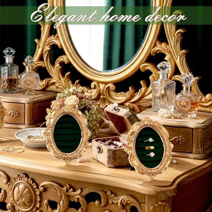 Vintage Ring Holder Round Green Mat Ring Wedding Display Suede Jewelry Box Stand Frame Earring Tray Anniversary Engagement Baroque Organizer Photograph Prop for Women Birthday Gifts