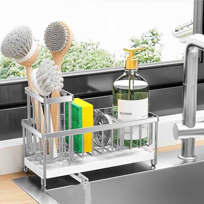Cisily Sponge Holder for Kitchen Sink, Sink Caddy Organizer with High Brush Holder, Kitchen Countertop Organizers and Storage Essentials, Rustproof 304 Stainless Steel (Silver, 9.25″)