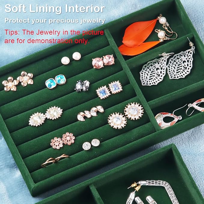 Jewelry Trays for Drawers, Set of 8 Stackable Velvet Jewelry Tray Inserts for Rings, Earrings, Necklaces, Bracelets – Fits Most Dresser/Closet Drawers, Non‑Slip Lined, Green