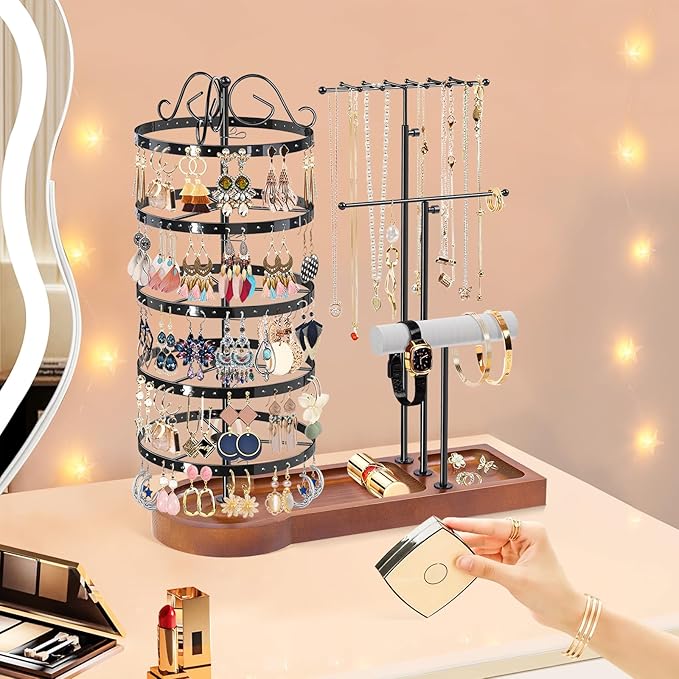KALYLOC Jewelry Earring Holder Organizer, Adjustable 5 Tiers Rotating Earring Holder 3 Tier Necklace Holder with Wooden Base, Multi-Functional Jewelry Organizer Display Stand for Studs Bracelet Women