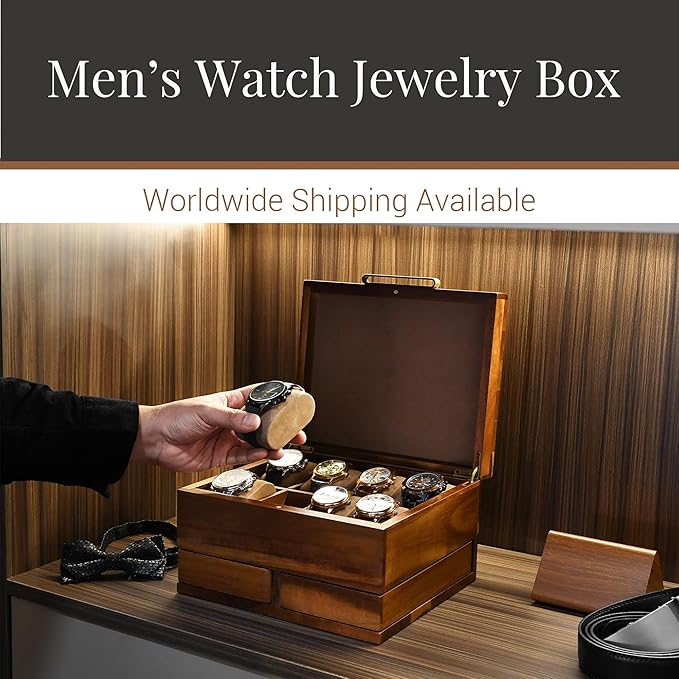 Shanik Luxury Large Watch Box for Men – 8 Slot Organizer with Velvet Pillows, Pull-Out Drawers for Accessories, Jewelry & Oversized Timepieces