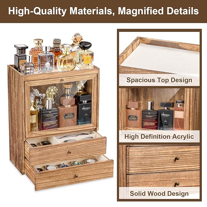 Emfogo Cologne Organizer, 4 Tier Vertical Wood Perfume Stand for Men, Large Capacity Dustproof Perfumes Organizer Cologne Stand with Double Drawer Storage, Gift for Loved ones (Brown)