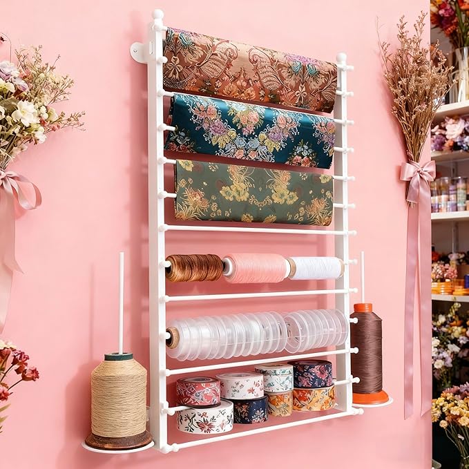 12 Layers 80cm White Wall Display Stand Wrapping Paper Ribbon Organizer Tie Scarf Rack Belt Towel Holder Spool Hijab Stand Metal Shelving for Home, Retail Stores, Flower Shop, Studio, Sewing