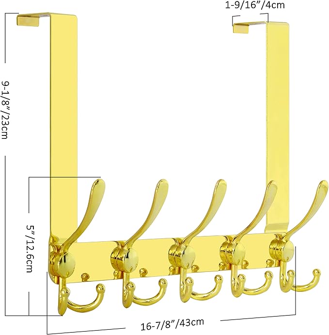 SKOLOO Over The Door Hook - for Doors up to 1-3/4'' Thickness, Metal Door Hanger with 5 Triple Hooks, Over The Door Hanger for Coats, Hats,Towels, Gold, Assembly Required