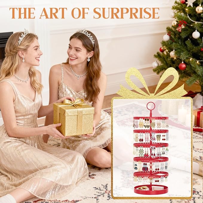 iDavosic.ly 5 Tier Rotating Earring Holder Organizer with Metal Tray, Adjustable Plastic Dangle Display Stands Tree with 285 Grooves, Large Hoop Storage Rack Tower, Red