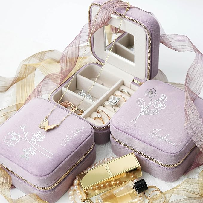 Customizable Compact Velvet Jewelry Box with Mirror, Travel Jewelry Case, Travel Jewelry Organizer, Jewelry Box for Women and Girls, Small Jewelry Organizer (Flower Design, Lavender Pink)