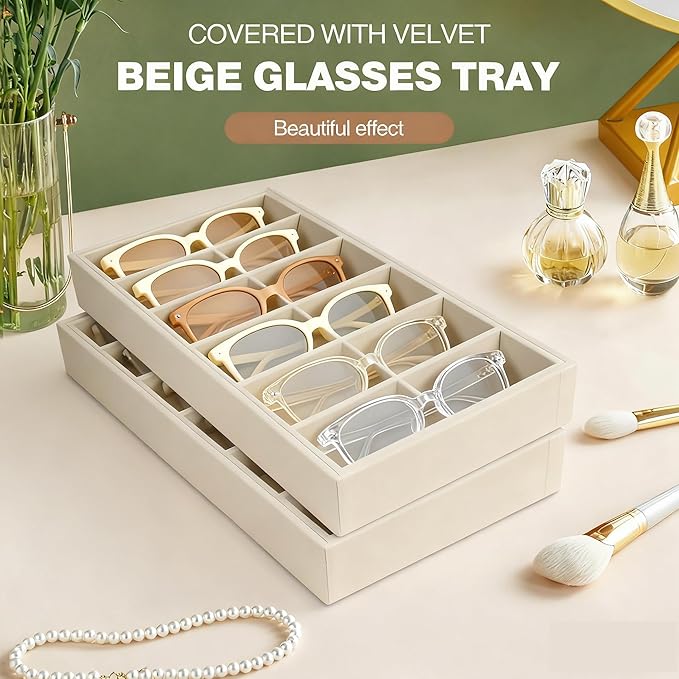 Sunglass Organizer Tray 2 Pcs - 6-Velvet Sunglasses Organizer Tray, Compartment Stackable Glasses Drawer Storage and Display, Trade Show Home Use, Display Case for Eyeglasses Jewelry Display–Beige