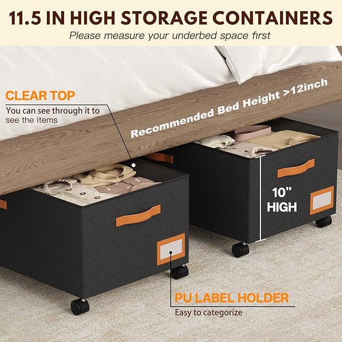 Under Bed Storage with Wheels,12inch Tall Under Bed Storage XXL 80L, Under Bed Storage Containers with Clear Lids,No Assemble Rolling Storage Bins Large Capacity for Closet, Blankets,Shoes,Toys