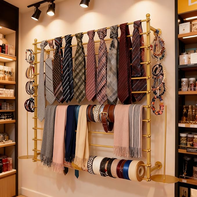 12 Layers 120cm Gold Wall Display Stand Wrapping Paper Ribbon Organizer Holder Storage Scarf Tie Belt Towel Spool Sewing Tool Hijab Metal Shelving for Home, Retail Stores, Flower Shop, Studio