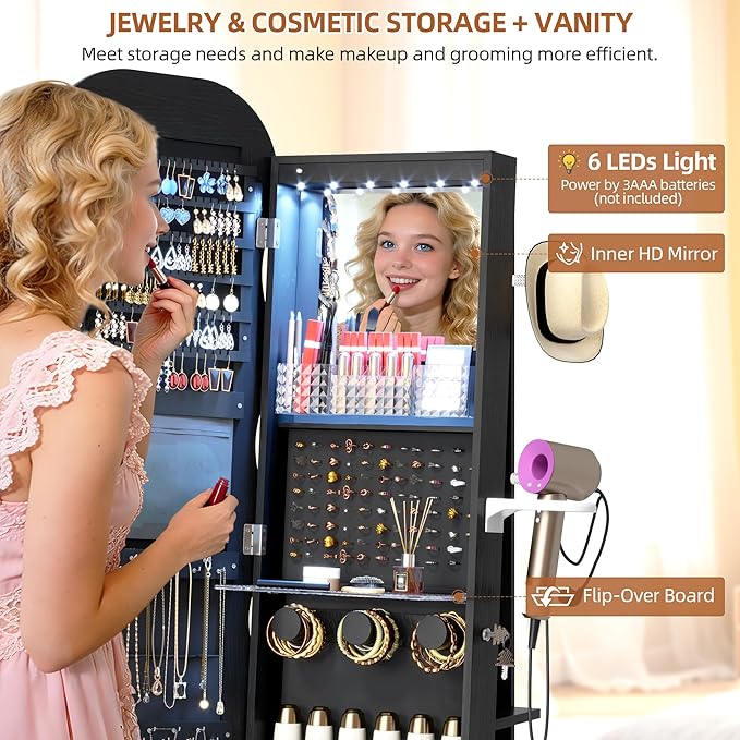 Vlsrka LED Mirror Jewelry Cabinet Standing, 360° Swivel Jewelry Aromire Organizer with Wavy Mirror, Lockable Jewelry Mirror with Storage, Jewelry Cabinet, Interior Mirror, Flodable Shelf, Black