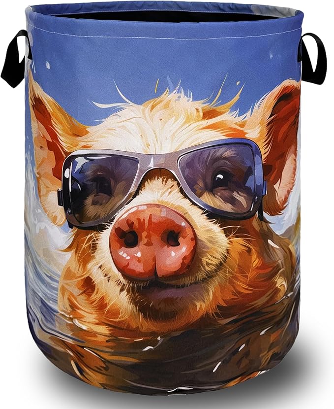 Funny Pig Laundry Hamper Foldable With Handles Summer Pigs Tote Bag Universal Oxford Cloth Animal Laundry Basket Clothes Toy Storage Bucket 18.9" x 16.5" For Bathroom/Laundry/Bedroom