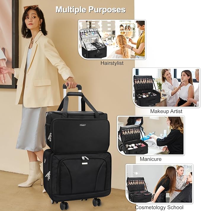 MONSTINA Rolling Train Case with Wheels, Extra Large Makeup Bag with 4 Bags Professional Hairdressing Bag Hairstylist Travel Bag Cosmetology Case on Wheels for Makeup Artist Hairstylist