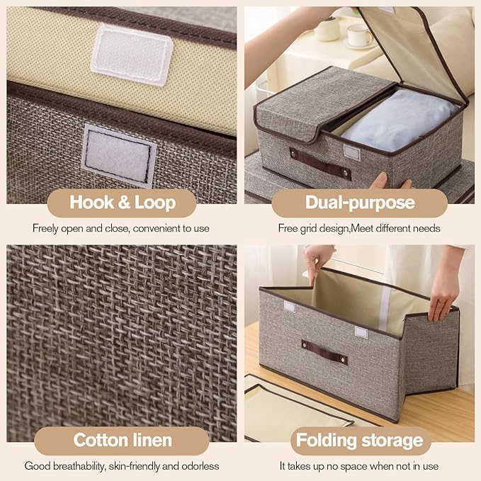 Linen Storage Boxes with Removable Dividers, 2-Pack Large Foldable Organizer Bins, Gray Fabric Containers with Handles for Clothes, Blankets, Underwear Storage (Grey, 2Pack*37.5L)