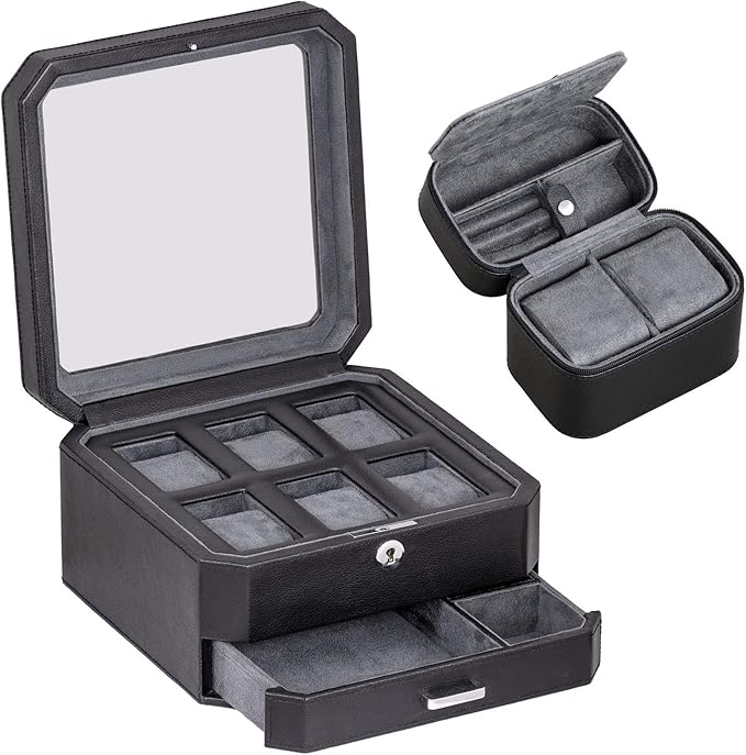ROTHWELL Gift Set 6 Slot Leather Watch Box and 2 Watch Travel Case - Luxury Case Organizer, Microsuede Liner, Locking Mens Jewelry Watches Holder, Storage Boxes Glass Top (Black/Grey Gift Set)