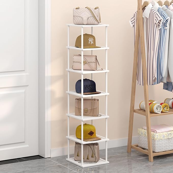 Vertical Tall Shoe Rack Organizer for Entryway -7 Tier Free Standing Slim Narrow Bamboo Wood Corner Stackable Shoe Boots Storage Stand Small Spaces for Closet Garage Cloakroom Living Room (White)