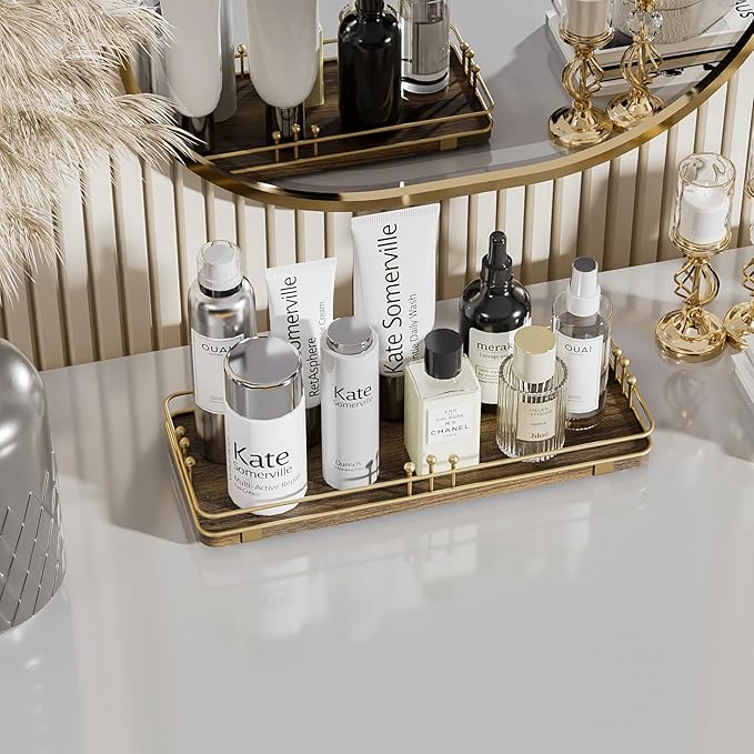 Bathroom Vanity Tray for Countertop Toiletries Perfume Makeup Soap Dispenser Toilet Tank, Kitchen Tray for Salt Spice, Decor Tray for Candle Nightstand Coffee 11.3”x 4.4” Brown-Gold