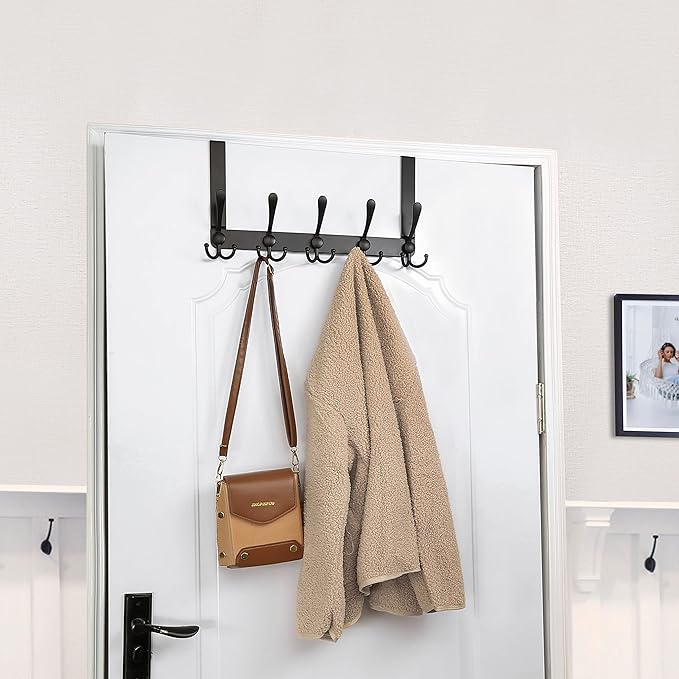 SKOLOO Over The Door Hook - for Doors up to 1-3/4'' Thickness, Pack of 2, Metal Door Hanger with 5 Triple Hooks, Black Over The Door Hanger for Coats, Hats,Towels, Assembly Required