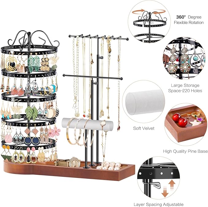 KALYLOC Jewelry Earring Holder Organizer, Adjustable 5 Tiers Rotating Earring Holder 3 Tier Necklace Holder with Wooden Base, Multi-Functional Jewelry Organizer Display Stand for Studs Bracelet Women