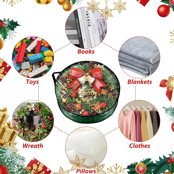 6 Pack Wreath Storage Container 30 Inch Wreath Storage Bag Clear Christmas Wreath Boxes Container with Sturdy Handles for Holiday Seasonal Decoration, Green