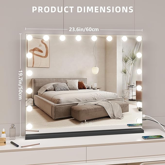 Vanity Mirror with Lights,Makeup Mirror with 17 Dimmable LED Bulbs, 3 Color Lighting Modes Detachable 10X Magnification Mirror Touch Control, 23.6X19,7 inch, Black
