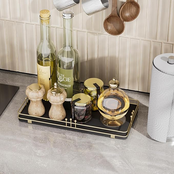 Toilet Paper Basket, Bathroom Basket for Counter Toiletries Towel Decor, Toilet Tank Tray, Guest Back of Toilet Organizer Storage, Vanity Tray for Perfume Makeup, Kitchen 13”x6.5” Black-Gold