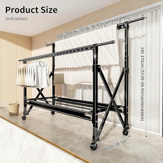 Double Rod Foldable Extendable Rolling Clothes Drying Garment Rack with Wheels, Heavy Duty Adjustable Freestanding Metal Clothes Rack for Indoor Outdoor Balcony Laundry, Black