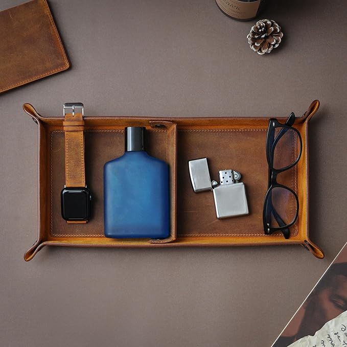Handmade Leather Catch All Tray, Customizable Handcrafted Genuine Leather Valet Tray and Organizer for Keys, Phones, Jewels, Coins, Rectangular, Grey