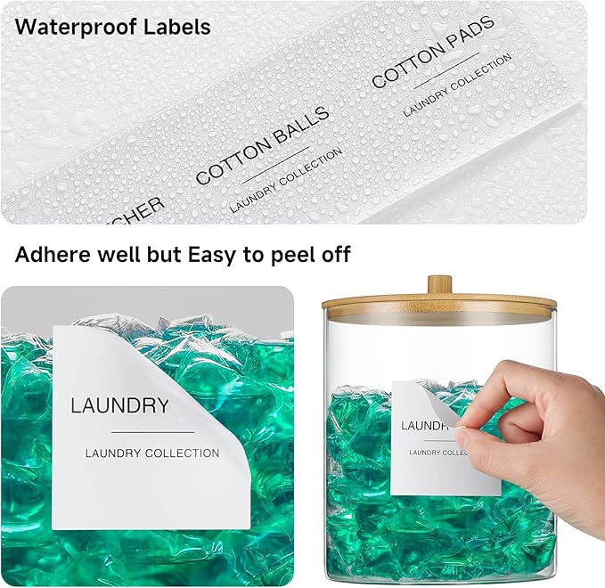 3 Pack Glass Jars and Acrylic Dryer Sheet Holder, Laundry Pods Container with Bamboo Lid and Measuring Cups for Laundry Room Organization, Powder Detergent Containers