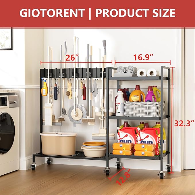 GIOTORENT Metal Cleaning Cart with Wheels - Rolling Broom Holder & Supplies Organizer, 10 Adjustable Clips, 5 Double-Hooks, 3-Tier Shelves, Brakes for Home, Commercial, Black
