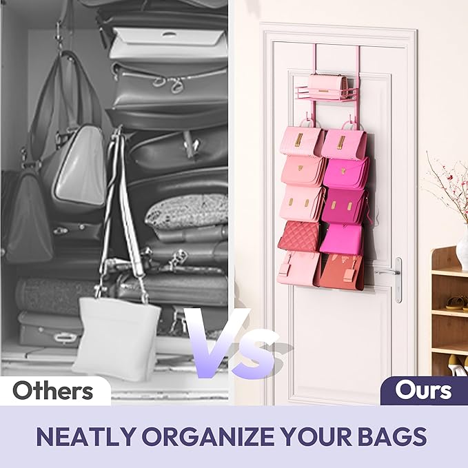 SWTYMIKI Over The Door Purse Organizer - Wall Mounted Handbag Organizer with 10 Hooks and Metal Basket, Hanging Purse Storage Rack Holds up to 10 Bags, Bag Rack Can Use As 1/2 Part, for Door, Closet