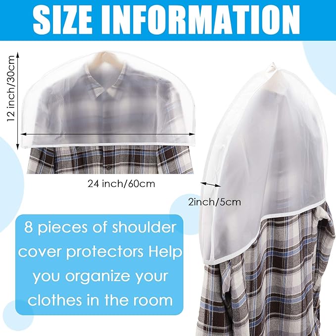 Patelai 8 Pieces Shoulder Covers for Hanging Clothes 24 x 12 x 2 Inches Plastic Garment Dust Covers Protectors with 2" Gusset for Closet Storage Suit, Coats, Jackets, Dress Closet Storage