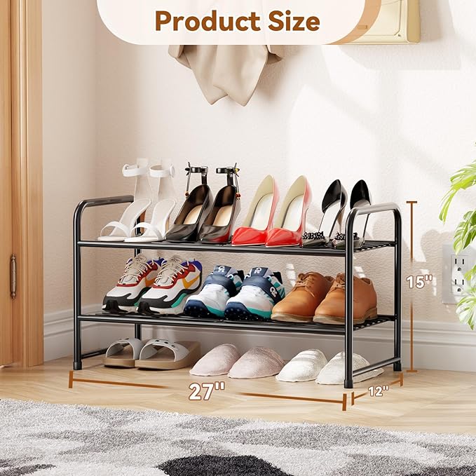 2 Tier Shoe Rack for Closet, Metal Wire, Stackble, Black