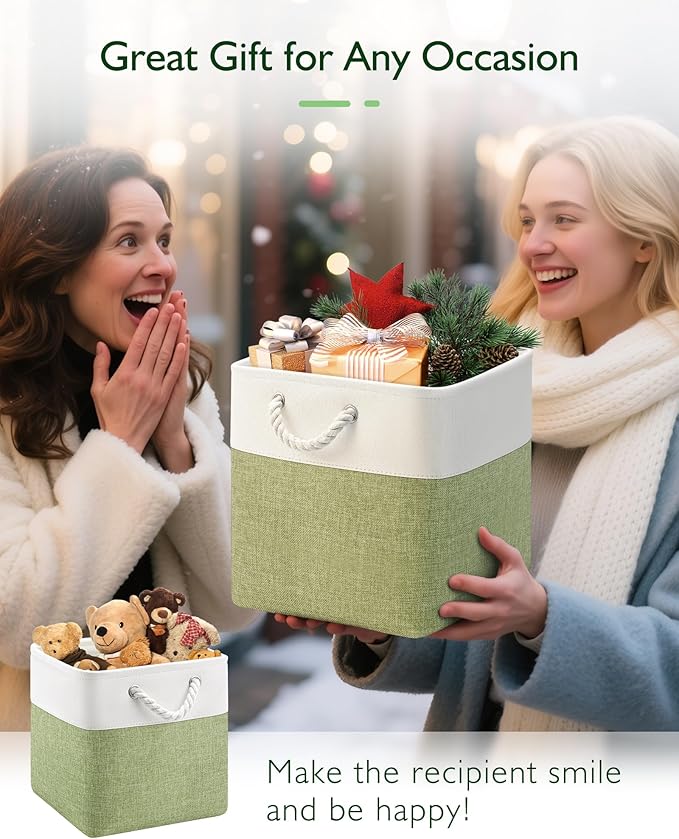 11 Inch Storage Cubes 6-Pack, Foldable Fabric Organizer Bins with Rope Handles, Cube Storage Baskets for Closet Shelves and Home Organization(White/Green)