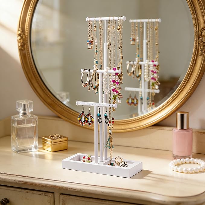 Love-KANKEI Jewelry Tree Stand White Metal and Wood Base Large Storage Jewelry Organizer for Necklaces Bracelets Earrings Holder Organizer Jewelry Display Gift White and White