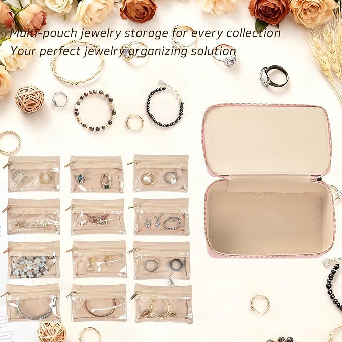 Travel Jewelry Box,Jewelry Travel Organizer for Women Girl,Travel Jewelry Case with 12pcs Velvet Jewelry Pouches for Necklaces Rings Earrings Sorting Storage(Pink, 12)
