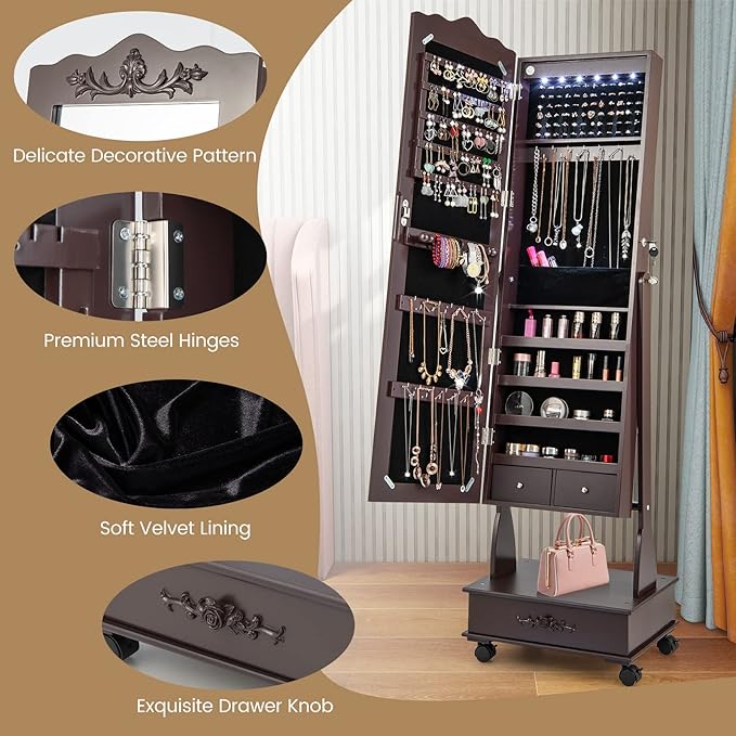 CHARMAID Rolling Jewelry Armoire with Full Length Mirror, Lockable Stand up Jewelry Cabinet with Lights and Wheels, Standing Jewelry Organizer with Drawers, Mirror with Jewelry Storage (Espresso)