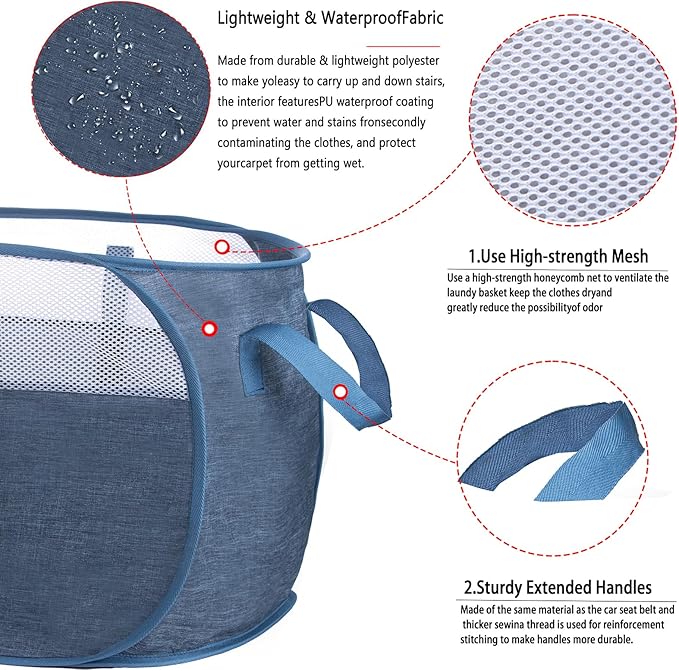 pop-up laundry basket，with Durable Handles collapsible Mesh laundry Hamper,Easy to Open and Fold,Premium Cationic Fabric… (Cationic blue)