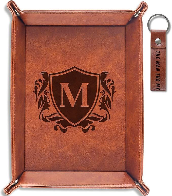 INNObeta Initial Valet Tray, Desktop Storage Organizer, PU Leather Bedside Tray Key Coin Holder, Personalised Gifts for Men, Birthday, Christmas, Letter M