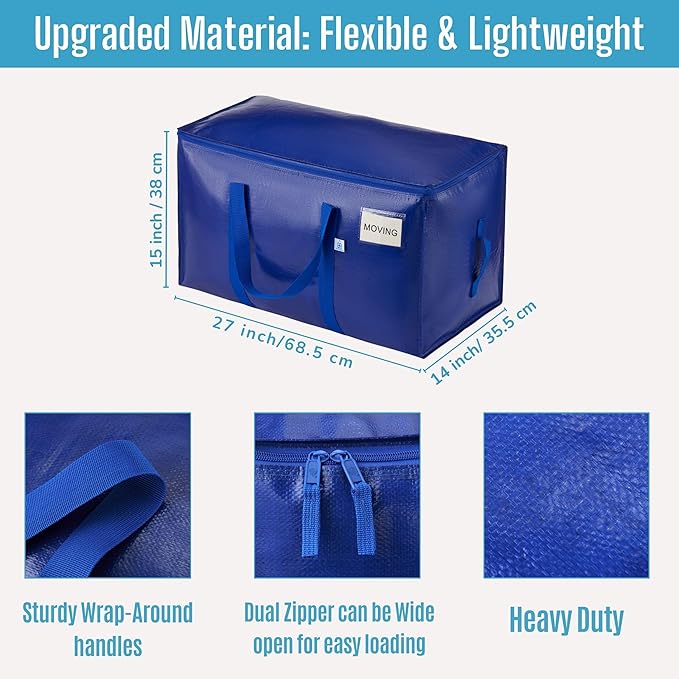 VENO 4 Pack Moving Bags, Upgraded Heavy Duty, Moving Boxes Alternative, Packing Storage Supplies for Dorm Room Essentials with Zipper for Clothes, Large Totes for Packaging (Blue, 4 Pack)