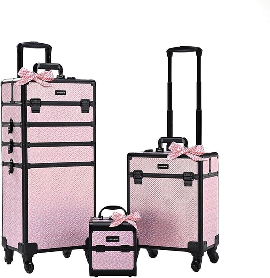 BYOOTIQUE Rolling Makeup Train Case on Wheels 3-Piece Hairdressing Brush Bags Cosmetology Art Deco Bloom
