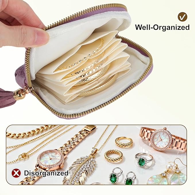 VOCOSTE Travel Jewelry Case, Portable Jewelry Organizer with 6 Independent Layers, Small Pouch Bag for Necklace Bracelet Rings Earring Storage, Light Purple