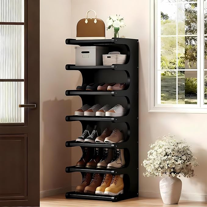 7-Tier Vertical Shoe Rack, Bamboo Free Standing Shoe Rack Shelf, Shoe Storage Stand, Entryway Shoe Tower, Vertical Shoe Organizer for Narrow Closet, Entryway, Hallway